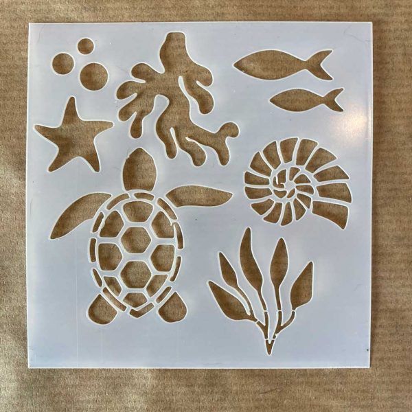 Beautiful stencil with turtle, starfish, fish, seaweed, nautilus shell and bubble. The stencil can be used to trace shapes for painting onto a big, smooth rock. It can be used over and over again. Size of stencil 8.5cm x 7.5cm Material Polyester film