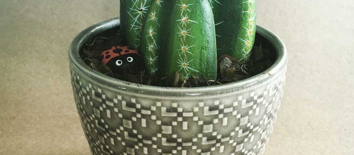 Rocks painted as cacti in a pot